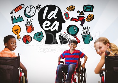 Disabled children in wheelchair with colorful idea graphics