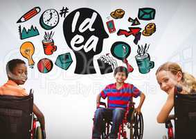 Disabled children in wheelchair with colorful idea graphics
