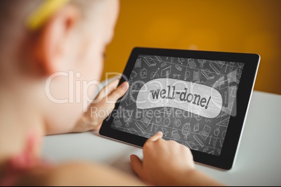 Girl holding a tablet with school icons on screen