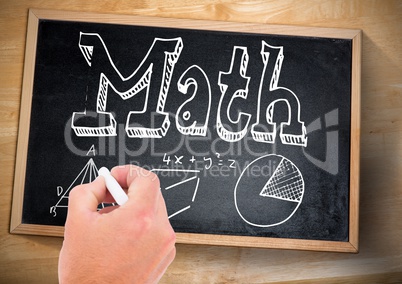Hand writing math equations on blackboard with chalk