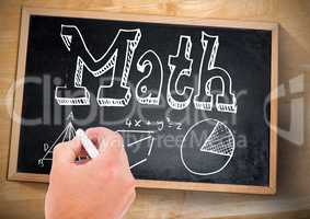 Hand writing math equations on blackboard with chalk