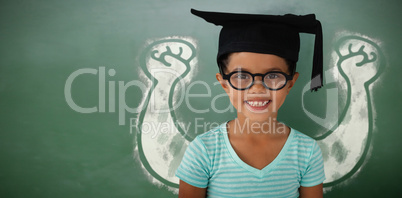 Composite image of portrait of cheerful girl wearing eyeglasses and mortarboard