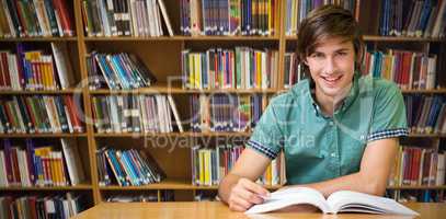 Composite image of student sitting in library reading