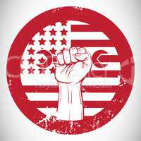 Cropped hand holding tool and american flag on red poster