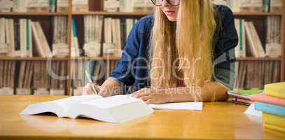 Composite image of student studying in the library