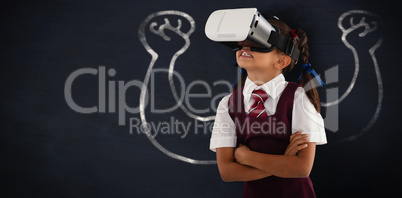 Composite image of schoolgirl wearing virtual reality headset enjoying with arms crossed