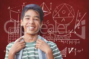 Composite image of portrait of happy boy with backpack