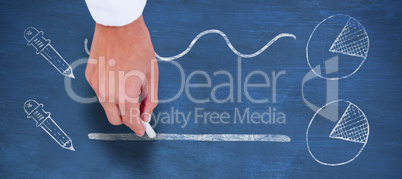 Composite image of cropped hand holding chalk