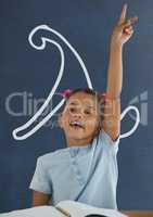 Student girl at table raising hand against blue blackboard with school and education graphic