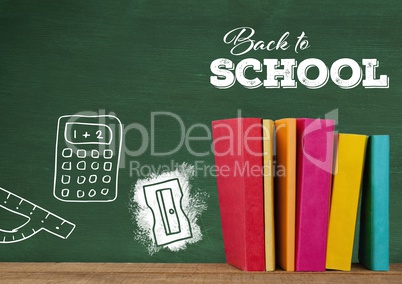 Books on Desk foreground with blackboard graphics of back to school and stationery