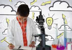 Schoolboy scientist writing with microscope and light bulb idea