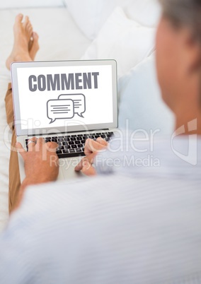 Comment text and chat graphic on laptop screen with hands of man relaxing