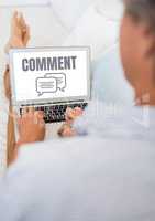 Comment text and chat graphic on laptop screen with hands of man relaxing