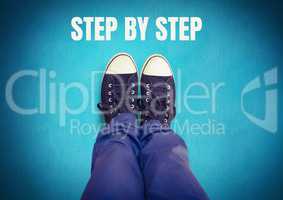 Step by step text and Black shoes on feet with blue background