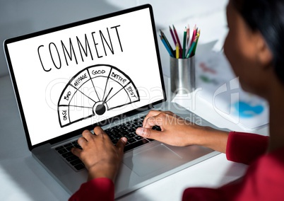 Comment text and ratings graphic on laptop screen with womans hands
