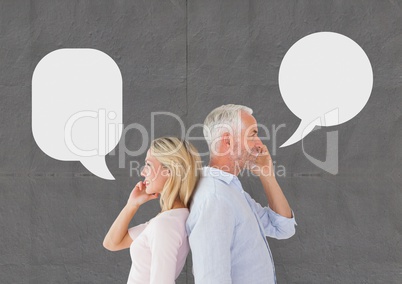 Couple with speech bubble talking on the phone against grey background