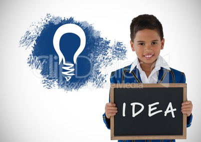 Boy holding blackboard with idea text and light bulb graphics