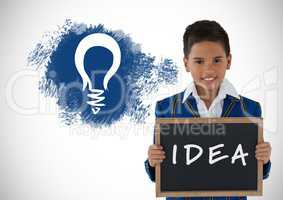Boy holding blackboard with idea text and light bulb graphics