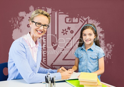 Student girl and teacher at table against red blackboard with education and school graphic