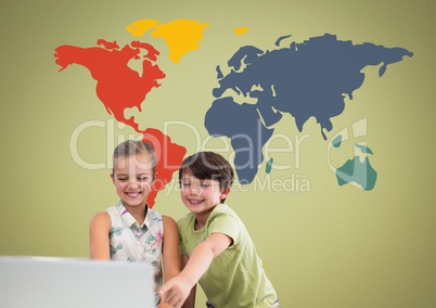 Kids on laptop in front of colorful world map