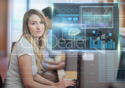 Female Student studying with computer and science education interface graphics overlay