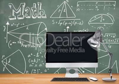 Computer Desk foreground with blackboard graphics of math diagrams and equations