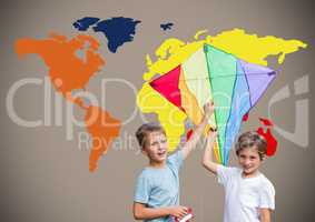 Kids holding kite in front of colorful world map