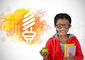 Girl holding books and apple with colorful light bulb graphic