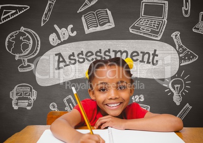 Happy student girl at table against grey blackboard with assessment text and education and school gr