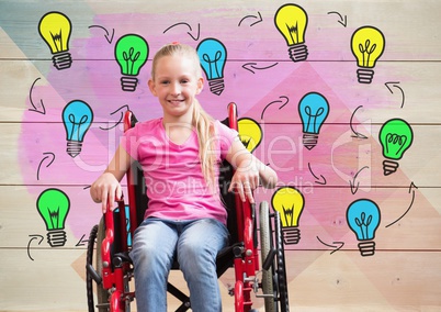 Disabled girl in wheelchair with colorful light bulbs