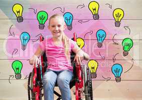 Disabled girl in wheelchair with colorful light bulbs