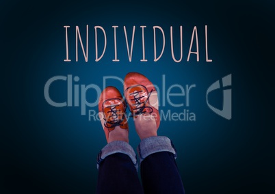 Individual text and red shoes on feet with blue background