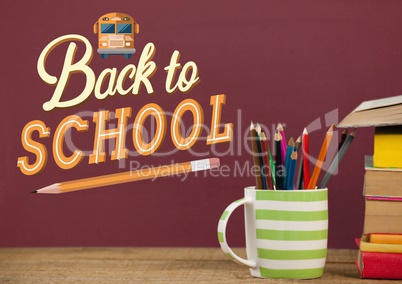 Books on the table against red blackboard with back to school illustration