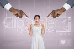 Hands pointing at surprised business woman against pink background with electrocardiogram