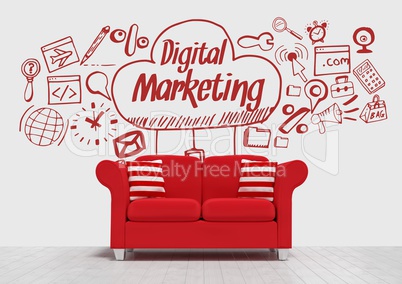 Digital marketing conceptual graphic on 3D room wall