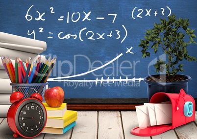 Desk foreground with blackboard graphics of math equations