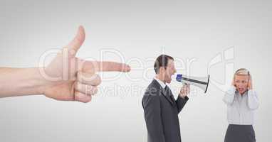 Hand pointing at business people against white background