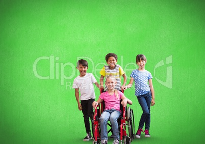 Disabled girl in wheelchair with friends with green background