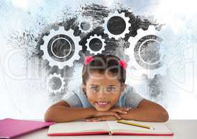 Schoolgirl at desk with settings gears cogs