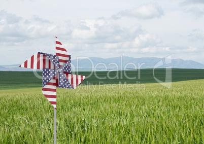 USA wind catcher in front of grass and sky