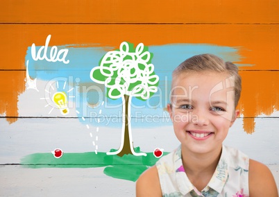 Girl in front of colorful idea graphics on orange painted wall