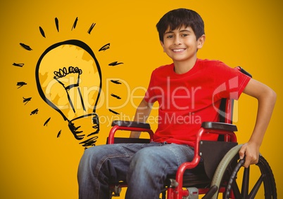 Disabled boy in wheelchair with light bulb