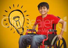 Disabled boy in wheelchair with light bulb