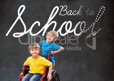 Back to school text on blackboard with disabled boy and friend in wheelchair