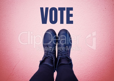 Vote text and Blue shoes on feet with red background