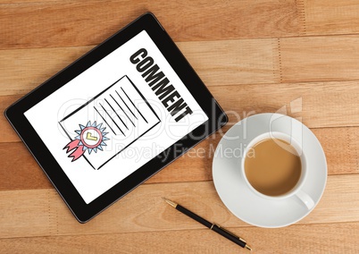 Comment text and certificate graphic on tablet screen