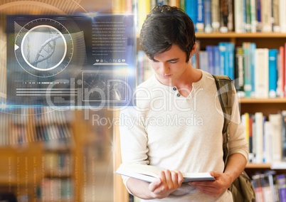 Male Student studying with book and science education interface graphics overlay