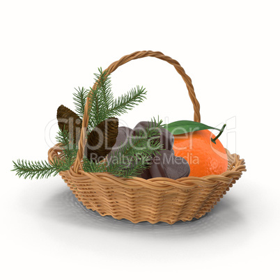 Basket with Christmas gifts on white background.