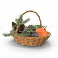 Basket with Christmas gifts on white background.