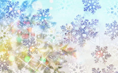 Colorful Christmas background with snowflakes and stars on a blue background.